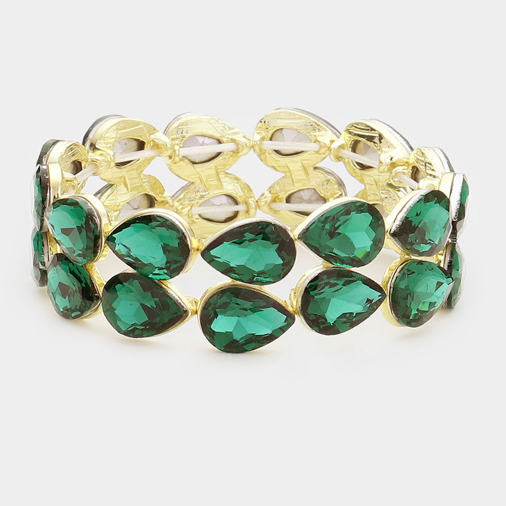 Green Double Row Crystal Teardrop Stretch Bracelet