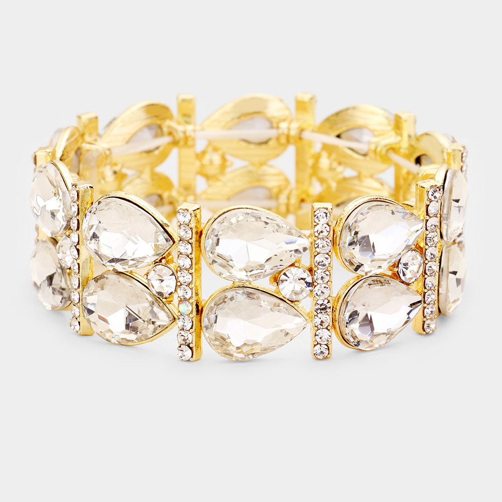 Clear Teardrop Stretch Pageant Bracelet on Gold