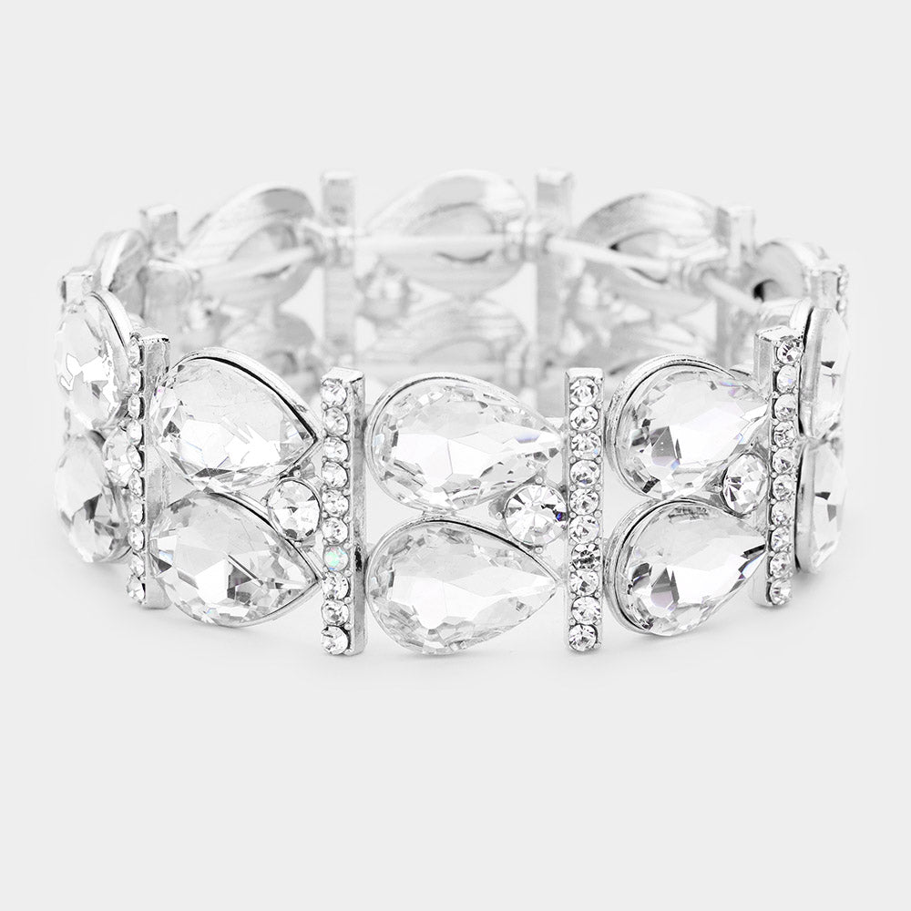 Clear Crystal Teardrop Stretch Pageant Bracelet on Silver