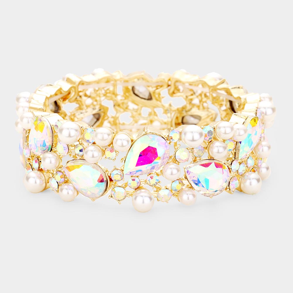 AB Crystal Teardrop and Pearl Stretch Bracelet on Gold