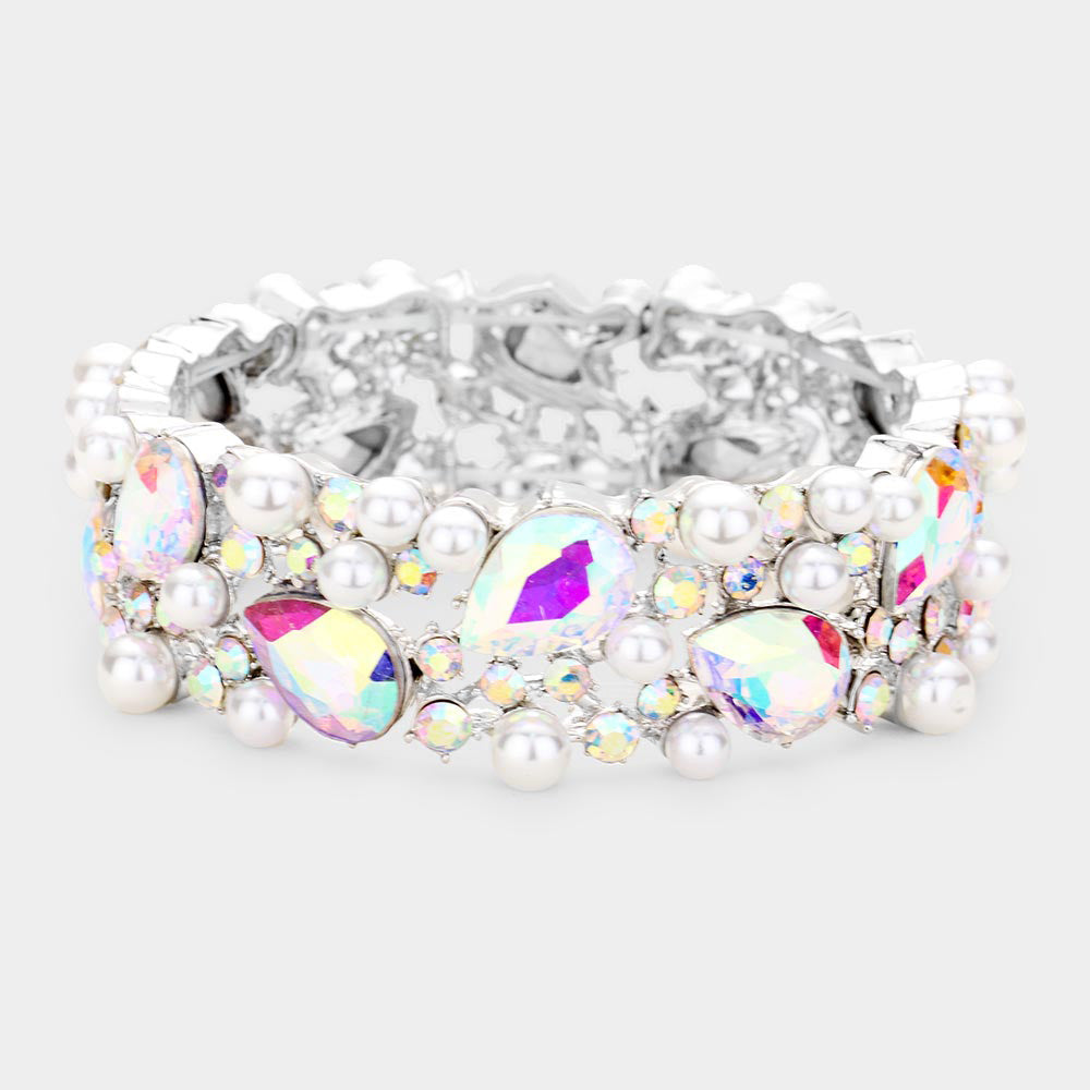 AB Crystal Teardrop and Pearl Stretch Bracelet