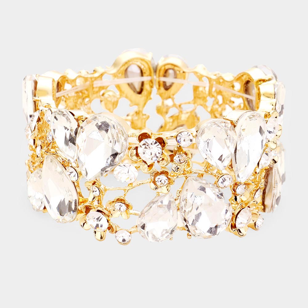 Clear Crystal Teardrop Floral Stretch Bracelet on Gold 