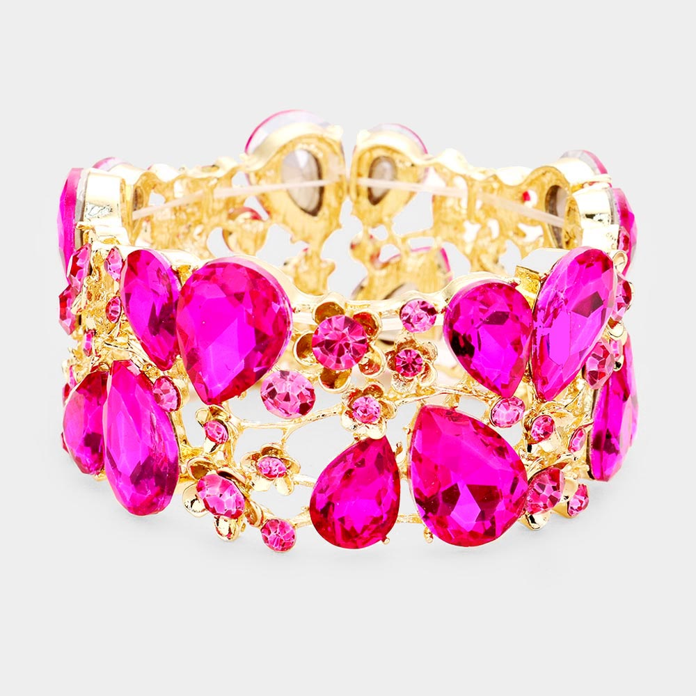 Fuchsia Crystal Teardrop Floral Stretch Bracelet on Gold 