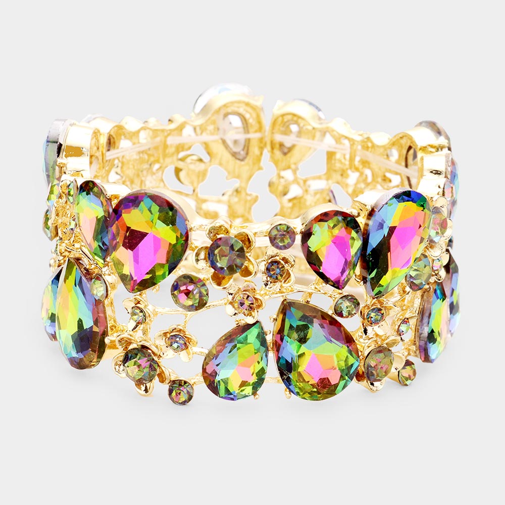 Multi-Color Crystal Teardrop Floral Stretch Bracelet on Gold 