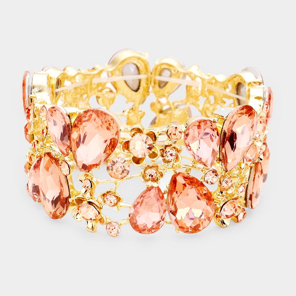 Peach Crystal Teardrop Floral Stretch Bracelet on Gold 