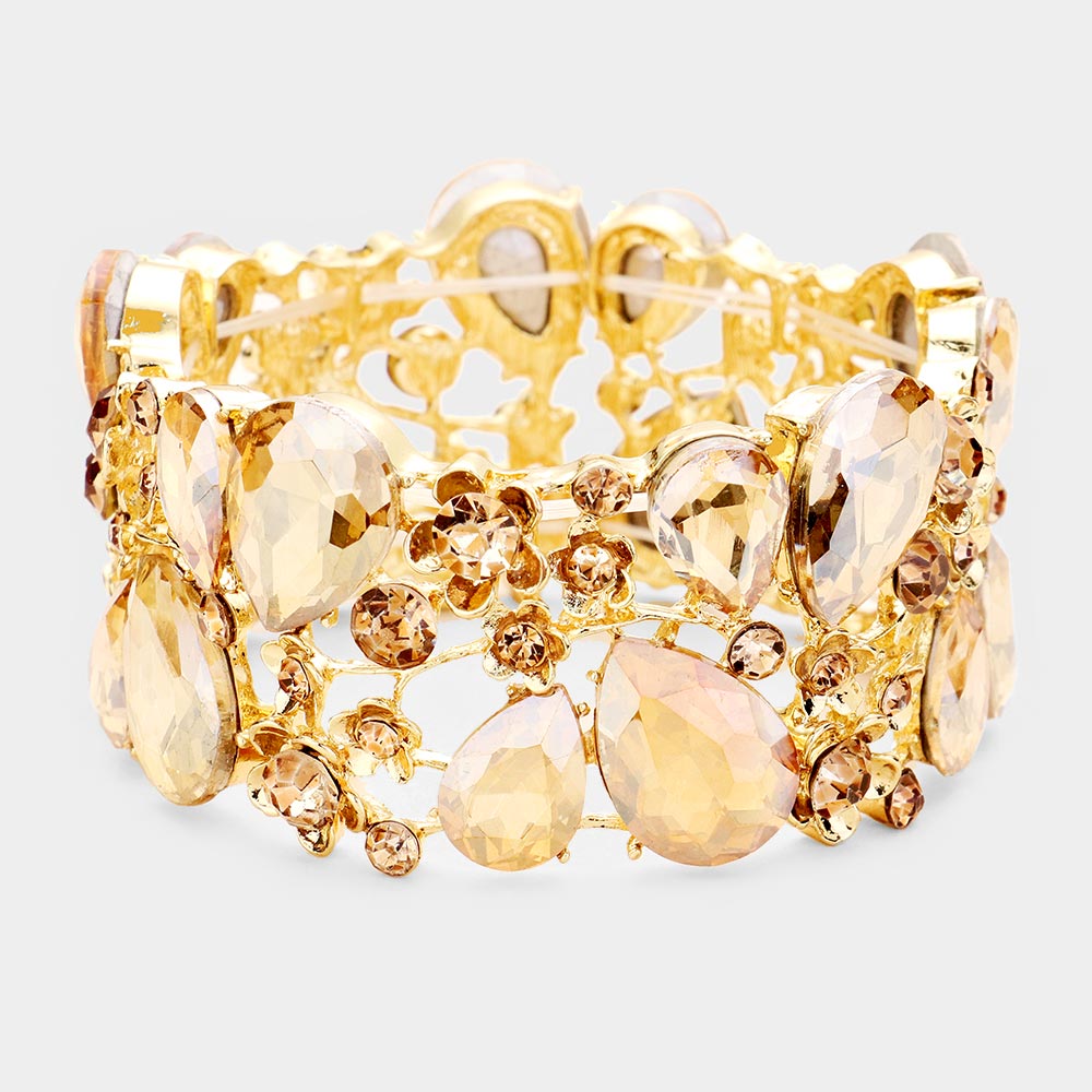 Gold Crystal Teardrop Floral Stretch Bracelet