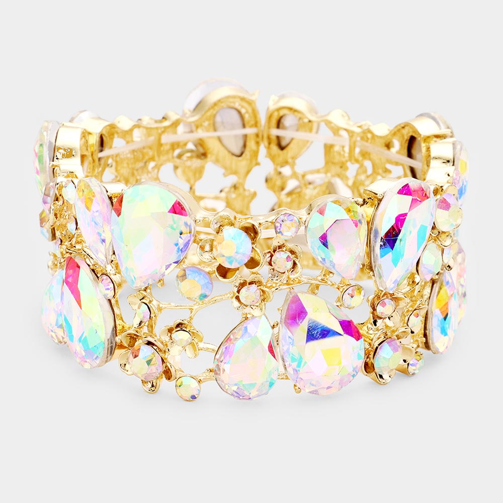 AB Crystal Teardrop Floral Stretch Bracelet on Gold