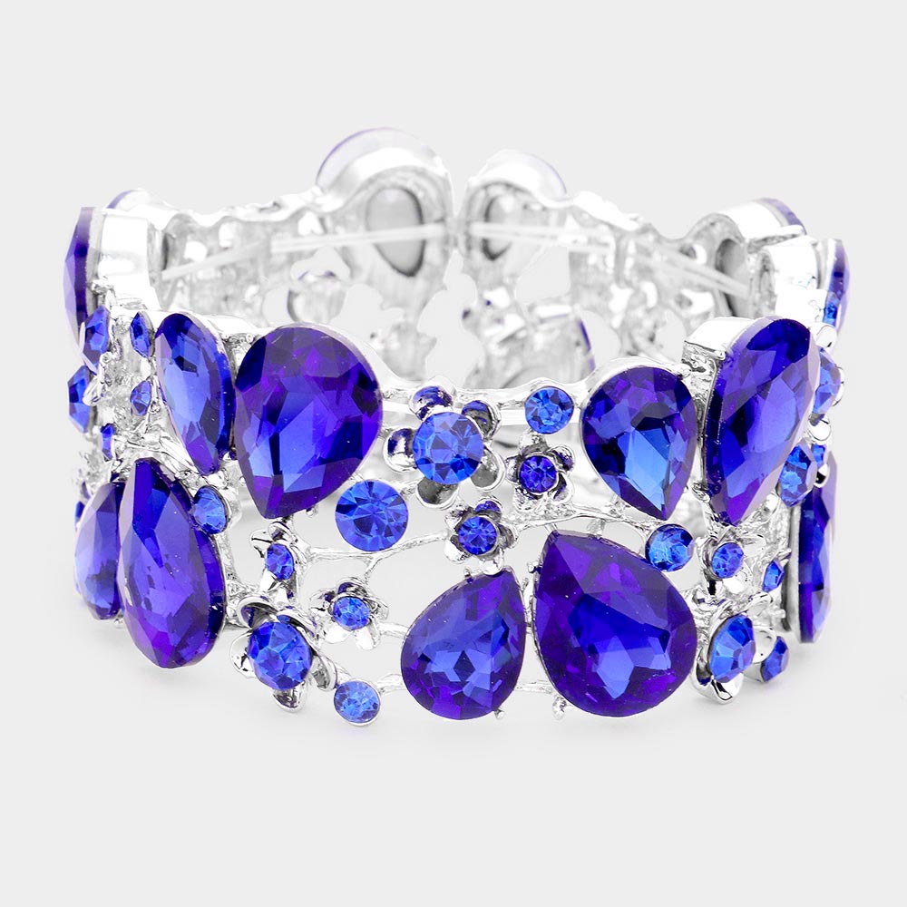 Sapphire Crystal Teardrop Floral Stretch Bracelet