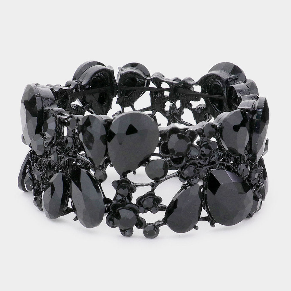 Black Crystal Teardrop Floral Stretch Bracelet
