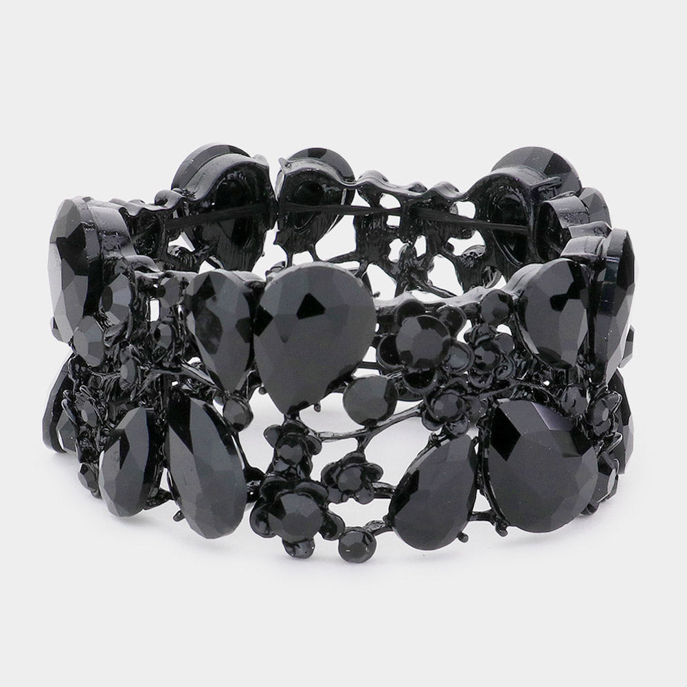 Black Crystal Teardrop Floral Stretch Bracelet 