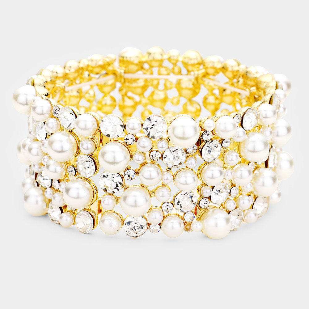 Pearl and Clear Rhinestone Bridal Stretch Bracelet on Gold