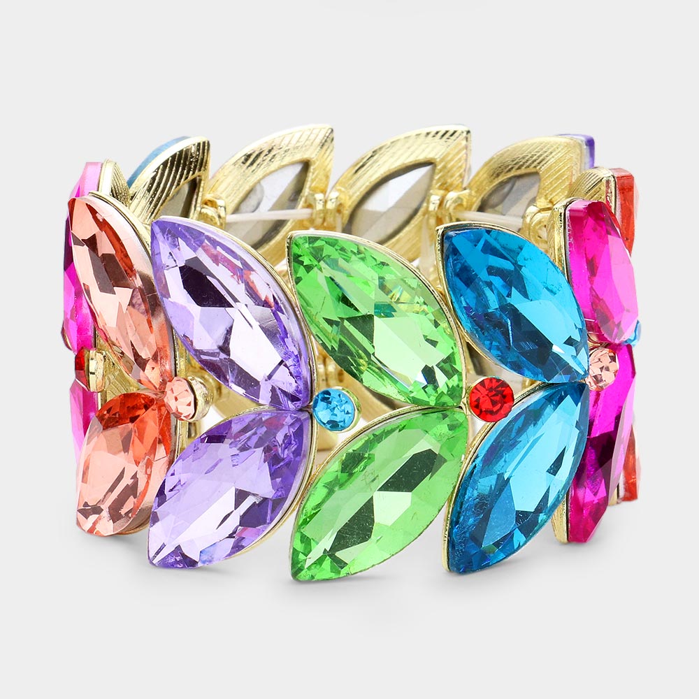 Large Chunky Multi-Color Marquise Stone Stretch Pageant Bracelet  | Prom Bracelet