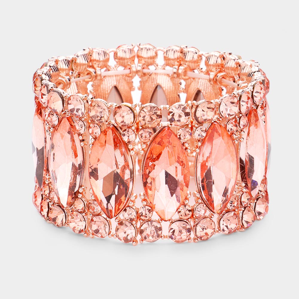 Peach Large Marquise Stoned Stretch Pageant Bracelet | Prom Jewelry 
