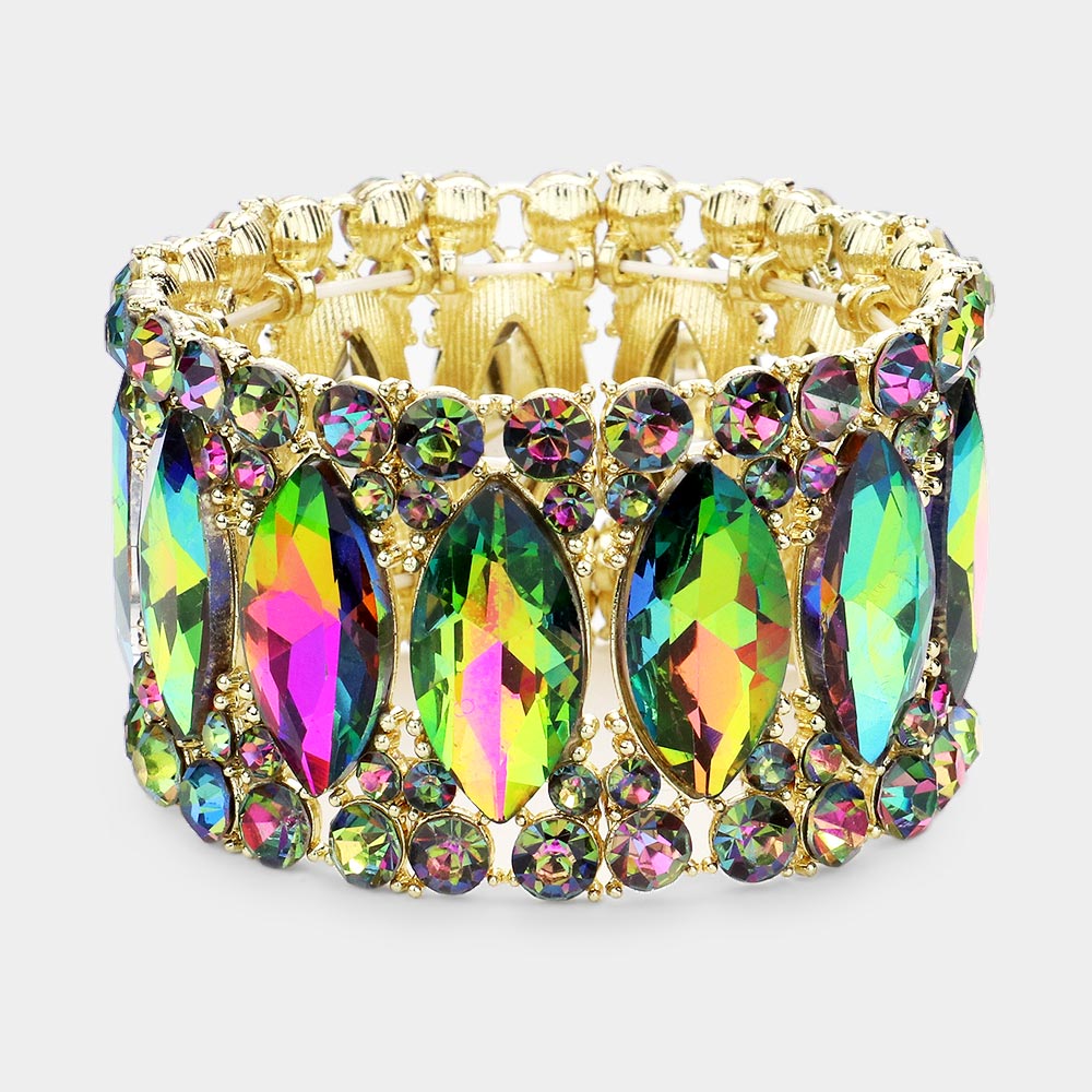 Multi-Color Large Marquise Stoned Stretch Pageant Bracelet | Prom Jewelry 