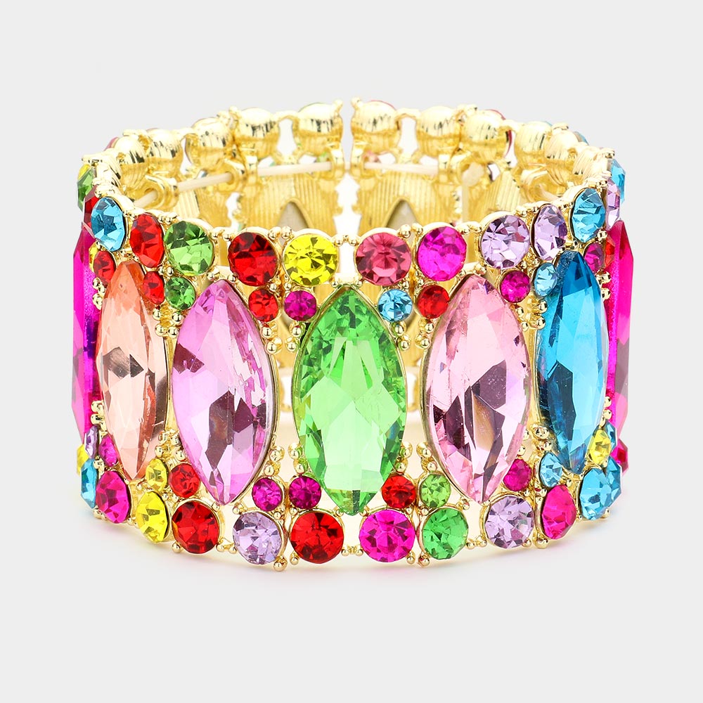 Multi Color Large Marquise Stoned Stretch Pageant Bracelet | Prom Jewelry 