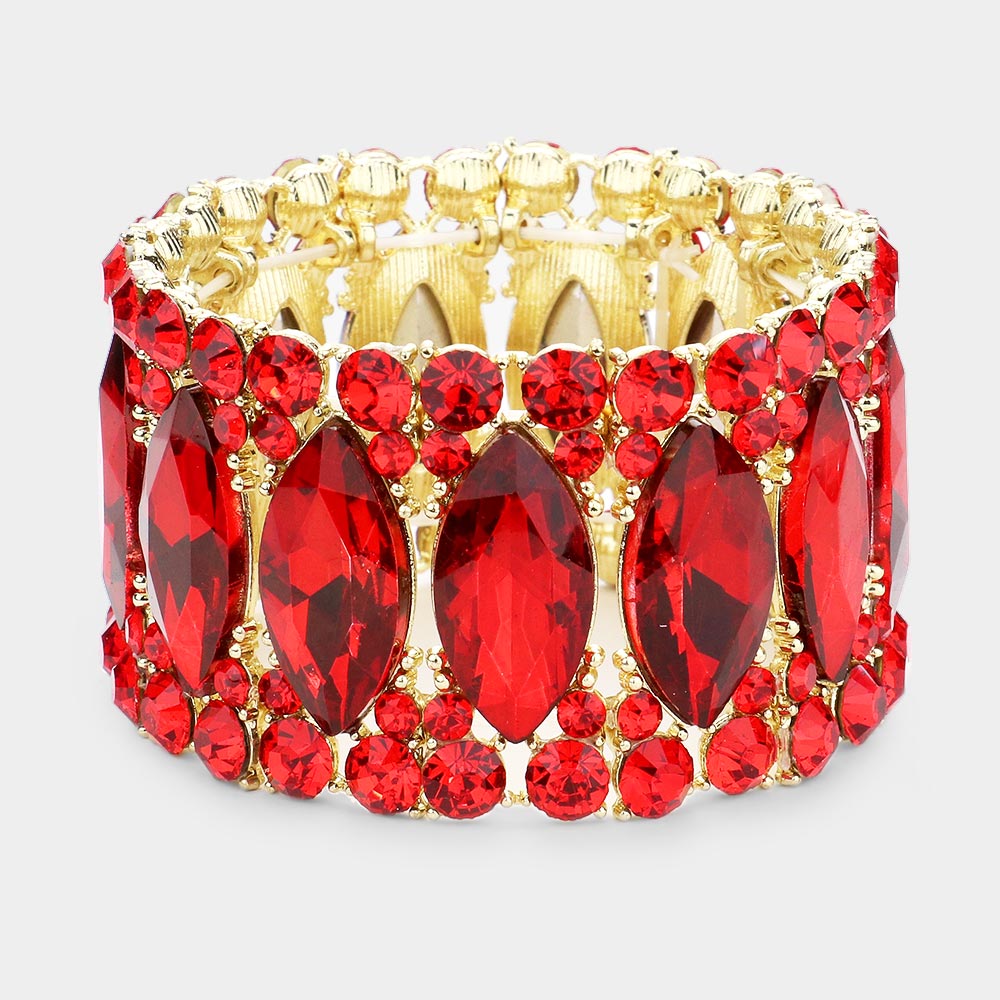 Red Large Marquise Stoned Stretch Pageant Bracelet | Prom Jewelry
