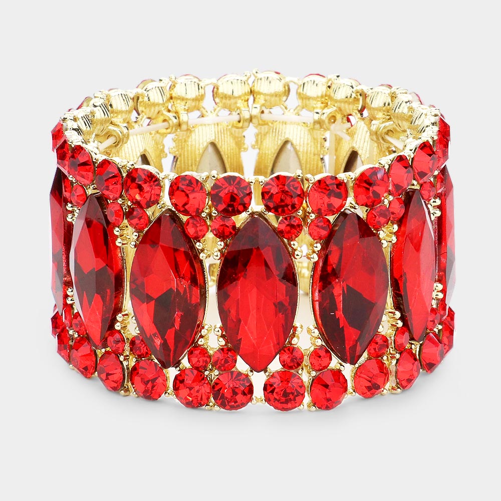 Red Large Marquise Stoned Stretch Pageant Bracelet | Prom Jewelry 