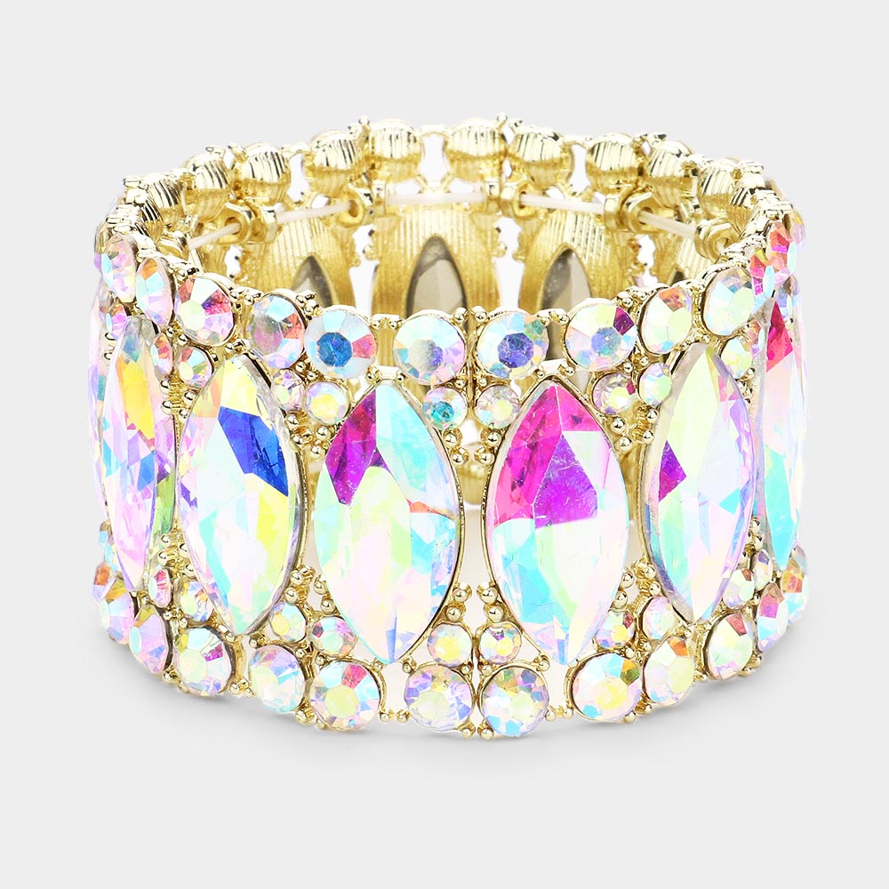 AB Large Marquise Stoned Stretch Pageant Bracelet on Gold | Prom Jewelry