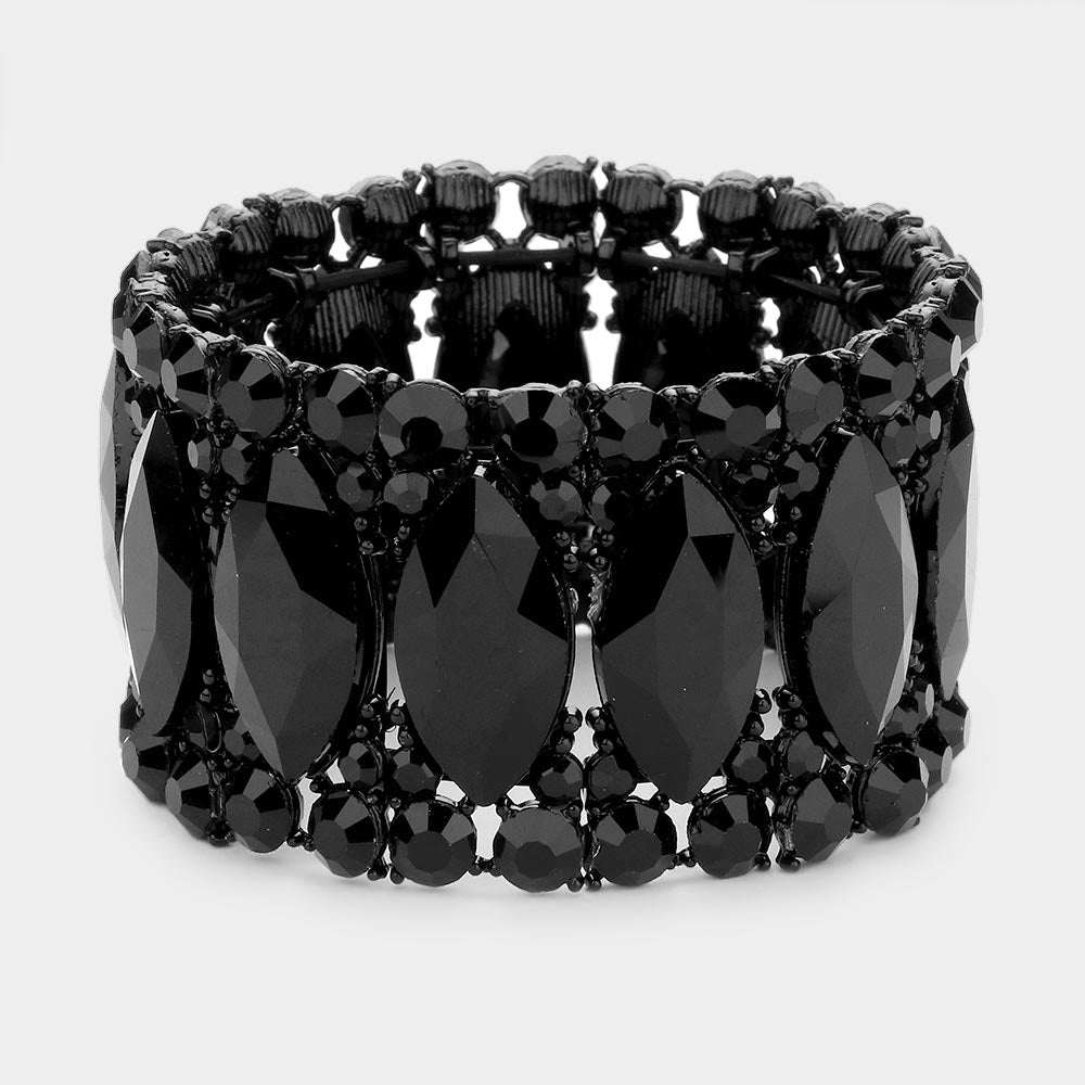 Black Large Marquise Stoned Stretch Pageant Bracelet  | Prom Jewelry