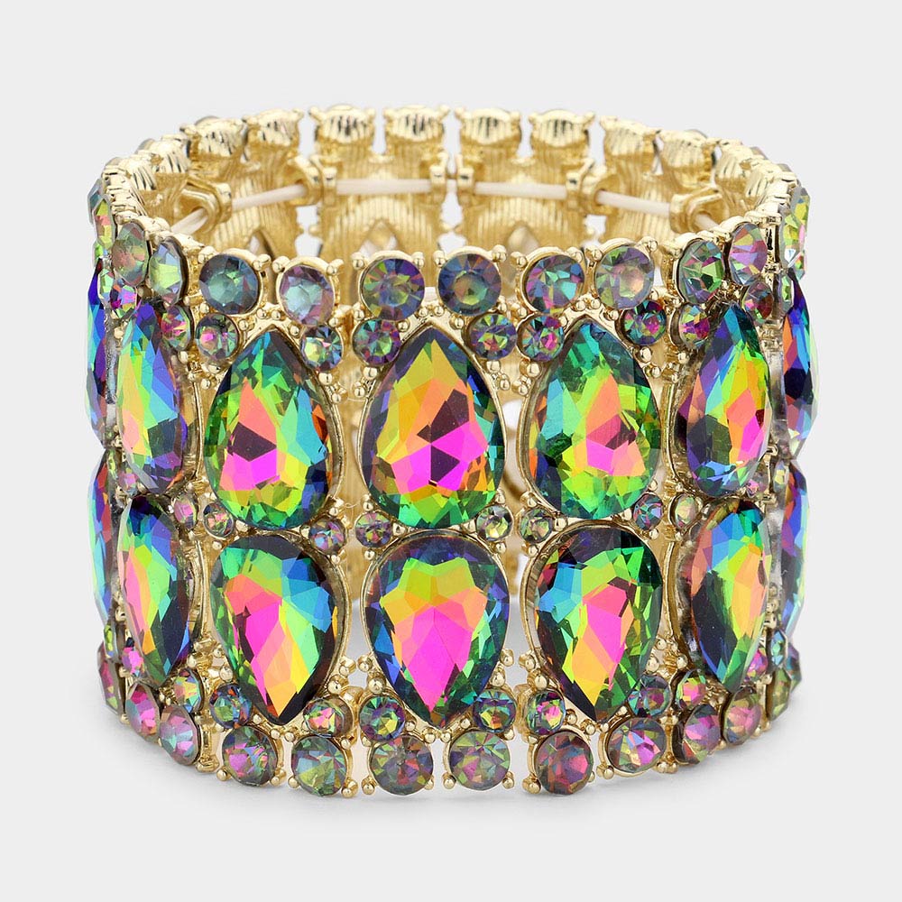 Wide Multi-Color Crystal Teardrop Stretch Pageant Bracelet | Pageant Jewelry