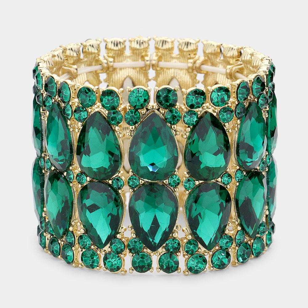 Wide Green Crystal Teardrop Stretch Pageant Bracelet | Pageant Jewelry