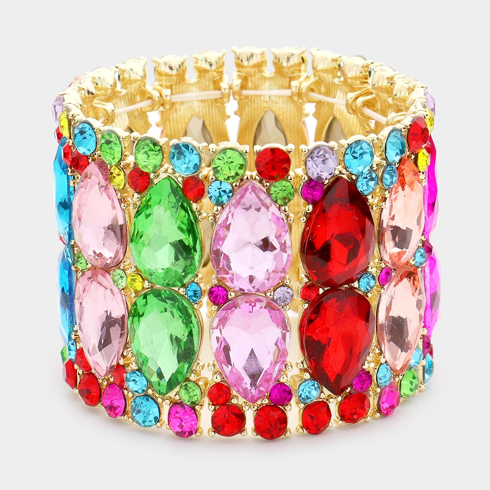 Wide Multi-Color Crystal Teardrop Stretch Pageant Bracelet | Pageant Jewelry