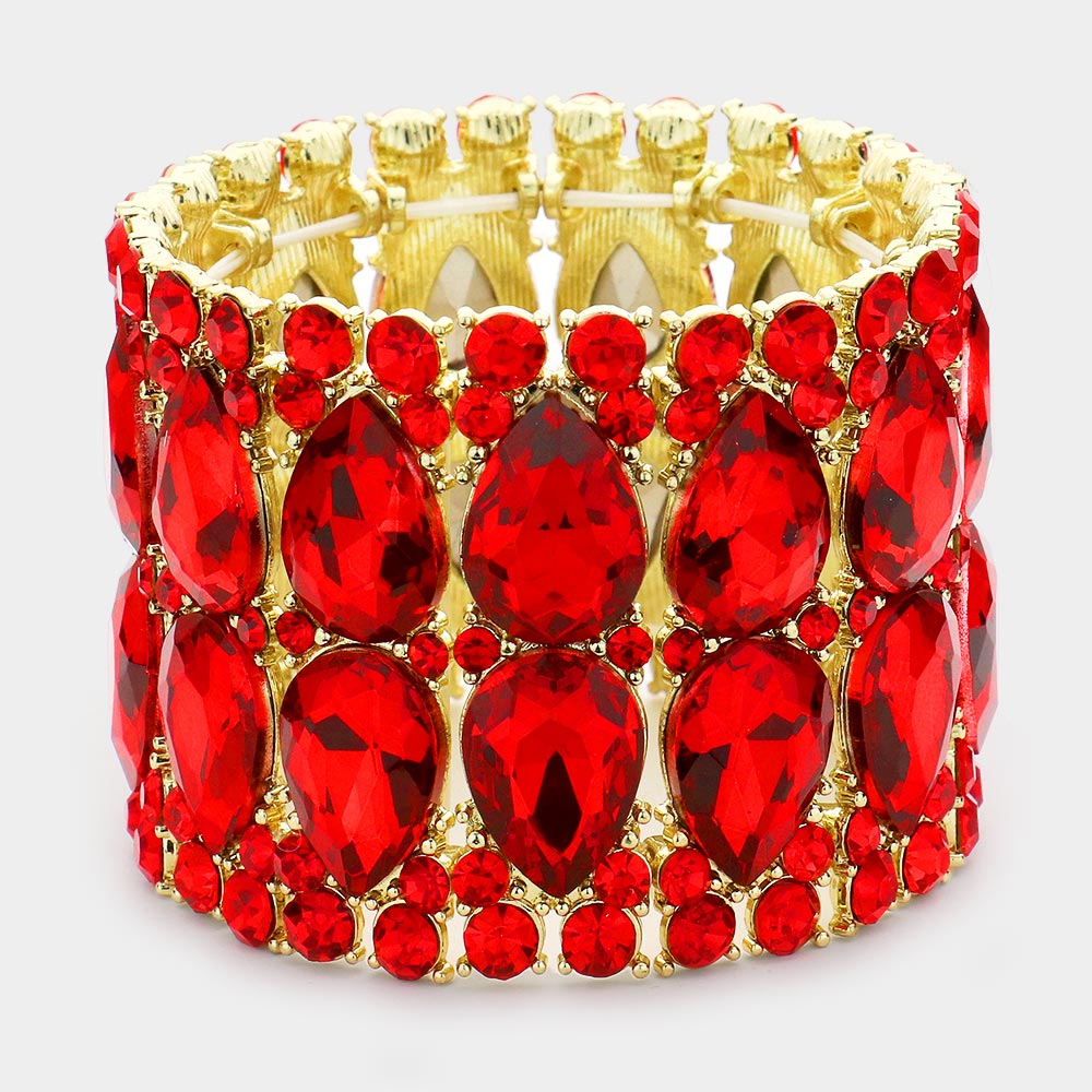 Wide Red Crystal Teardrop Stretch Pageant Bracelet  | Pageant Jewelry