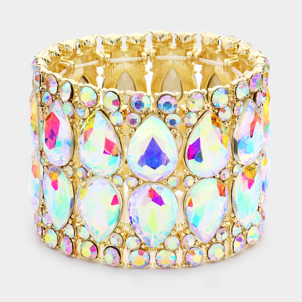 Wide AB Crystal Teardrop Stretch Pageant Bracelet on Gold  | Pageant Jewelry