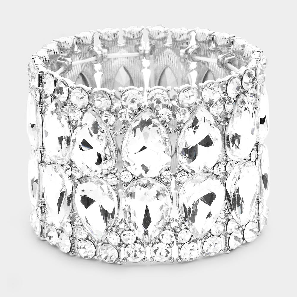 Wide Clear Crystal Teardrop Stretch Pageant Bracelet | Pageant Jewelry