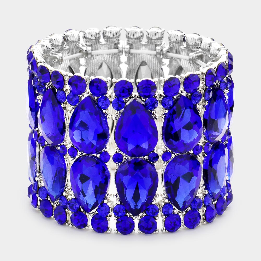 Wide Sapphire Crystal Teardrop Stretch Pageant Bracelet   | Pageant Jewelry