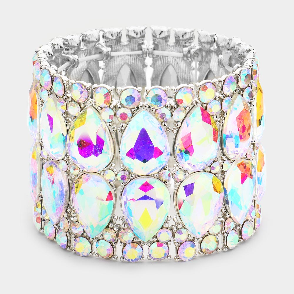 Wide AB Crystal Teardrop Stretch Pageant Bracelet | Pageant Jewelry