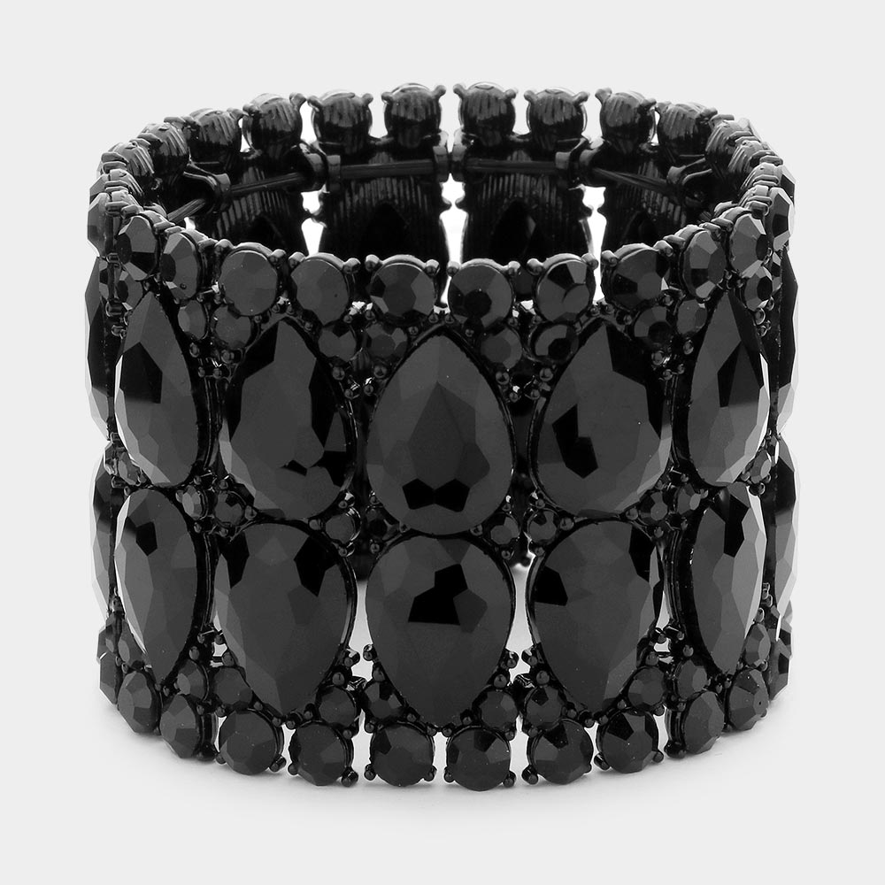 Wide Black Crystal Teardrop Stretch Pageant Bracelet   | Pageant Jewelry