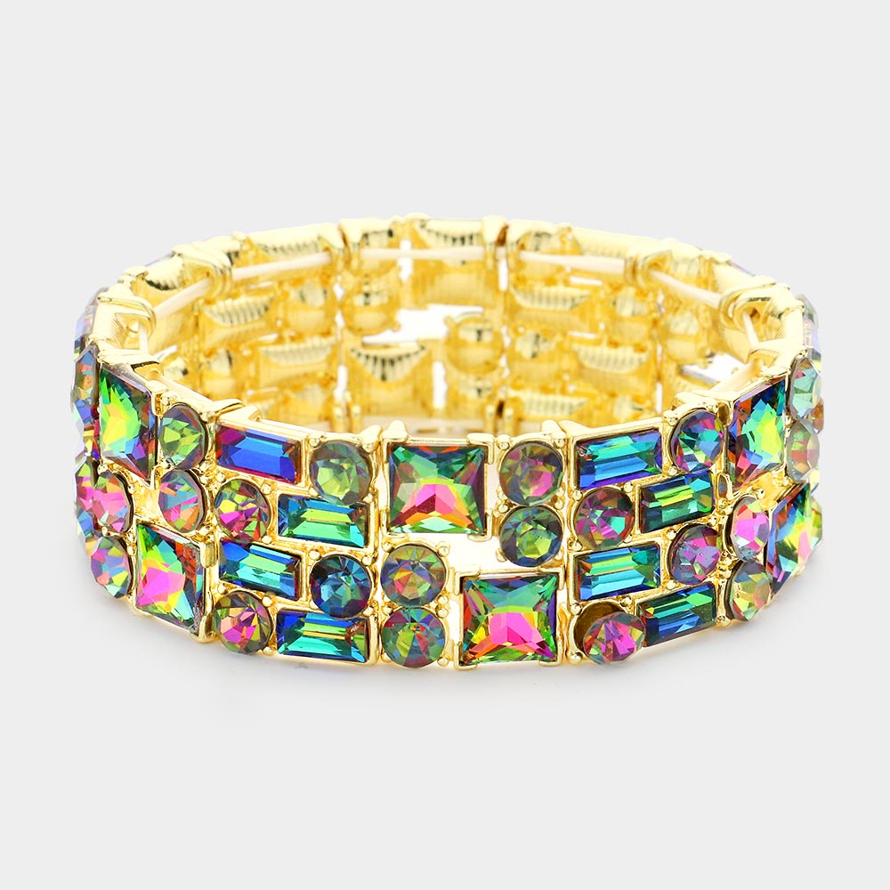 Multi Shape Multi-Color Crystal Stone Stretch Pageant Bracelet  | Evening Bracelet