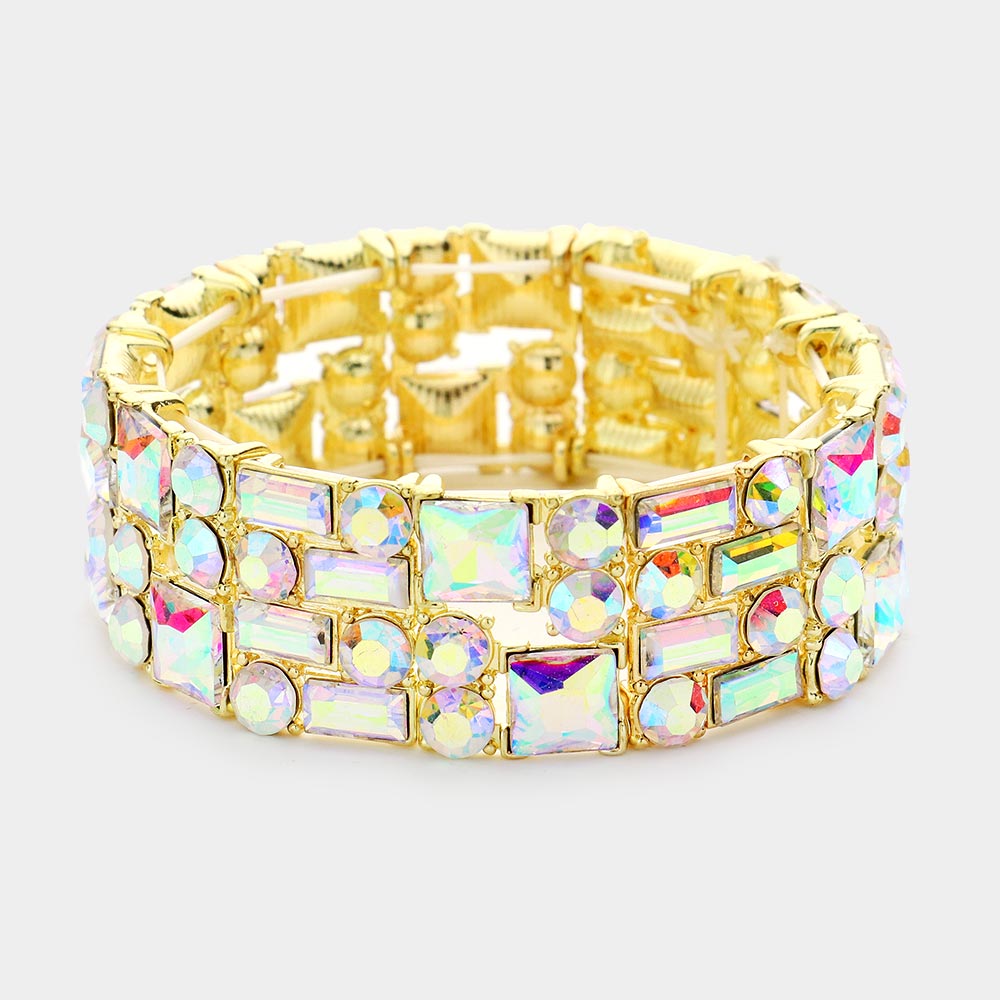 Multi Shape AB Crystal Stone Stretch Pageant Bracelet on Gold  | Evening Bracelet