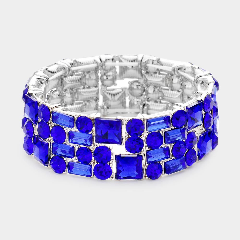 Multi Shape Sapphire Crystal Stone Stretch Pageant Bracelet   | Evening Bracelet