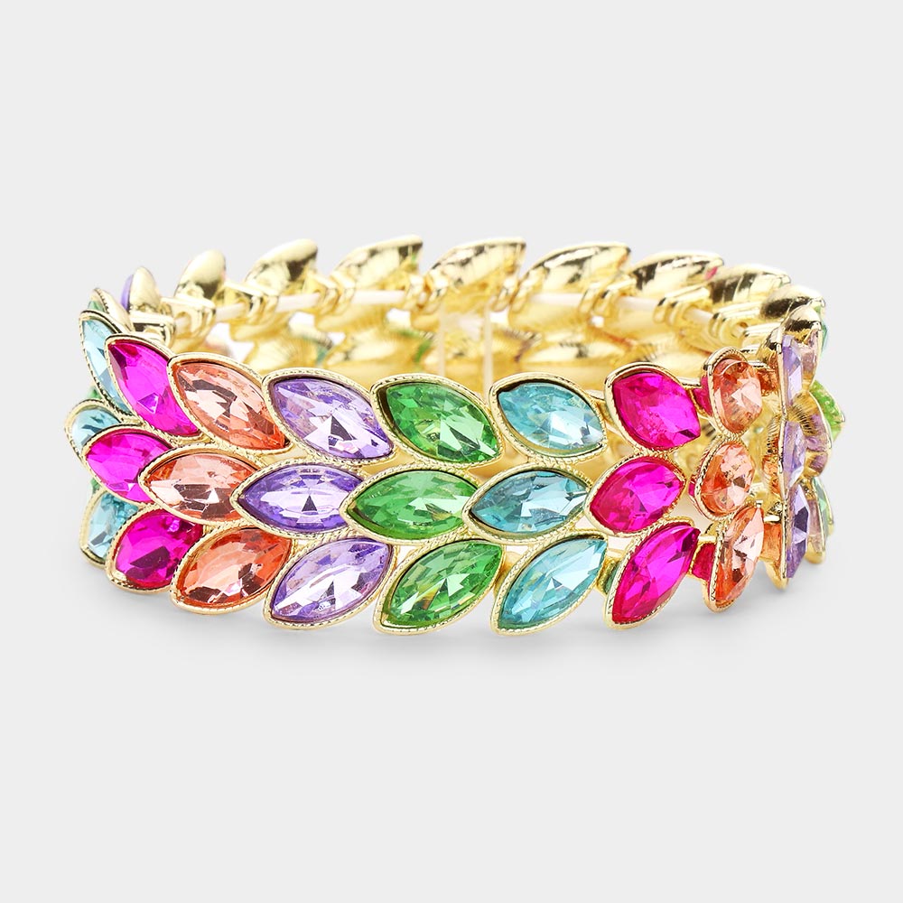 Three Row Multi-Color Crystal Marquise Stone Cluster Stretch Pageant Bracelet on Gold | Prom Bracelet