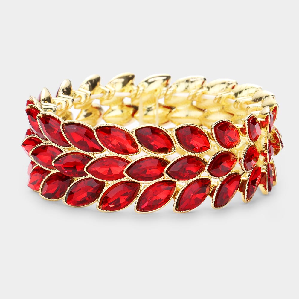 Three Row Red Crystal Marquise Stone Cluster Stretch Pageant Bracelet on Gold | Prom Bracelet