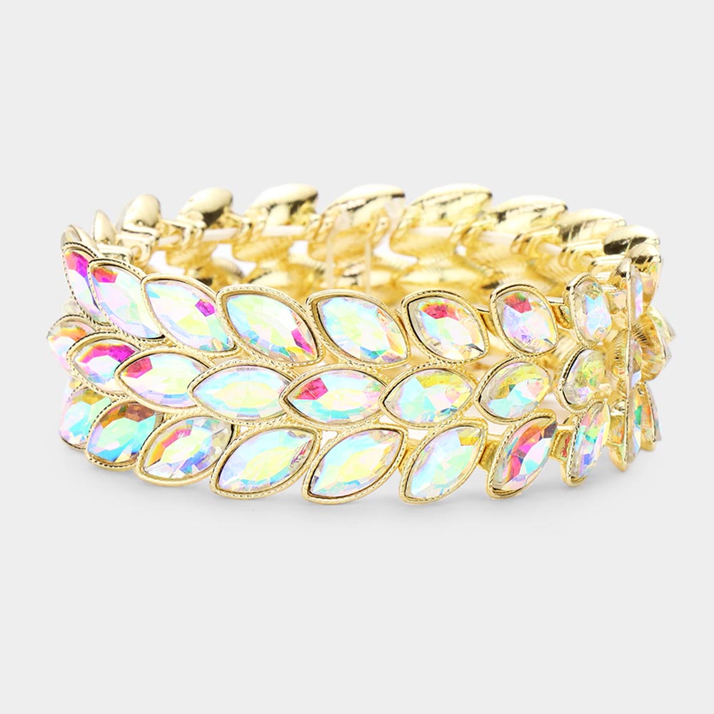 Three Row AB Crystal Marquise Stone Cluster Stretch Pageant Bracelet on Gold | Prom Bracelet | 506915