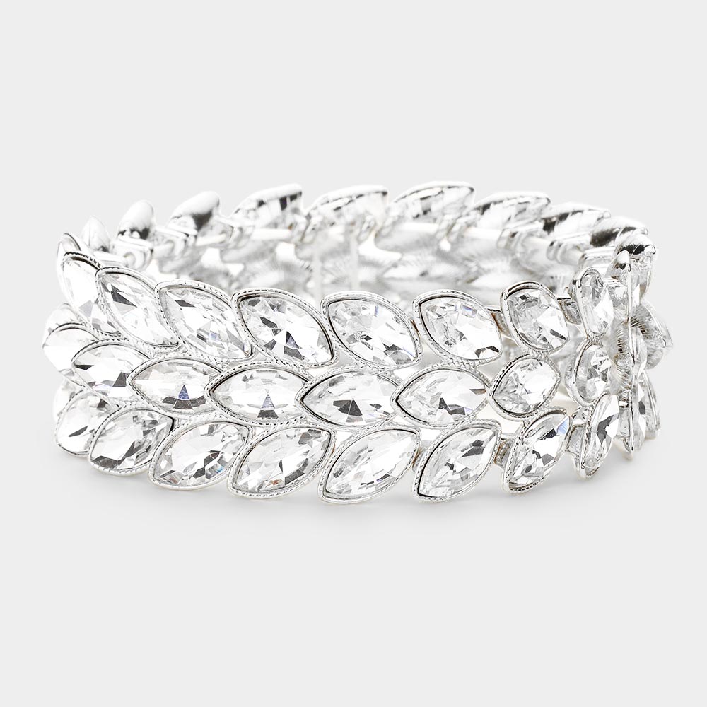 Three Row Clear Crystal Marquise Stone Cluster Stretch Pageant Bracelet  | Prom Bracelet