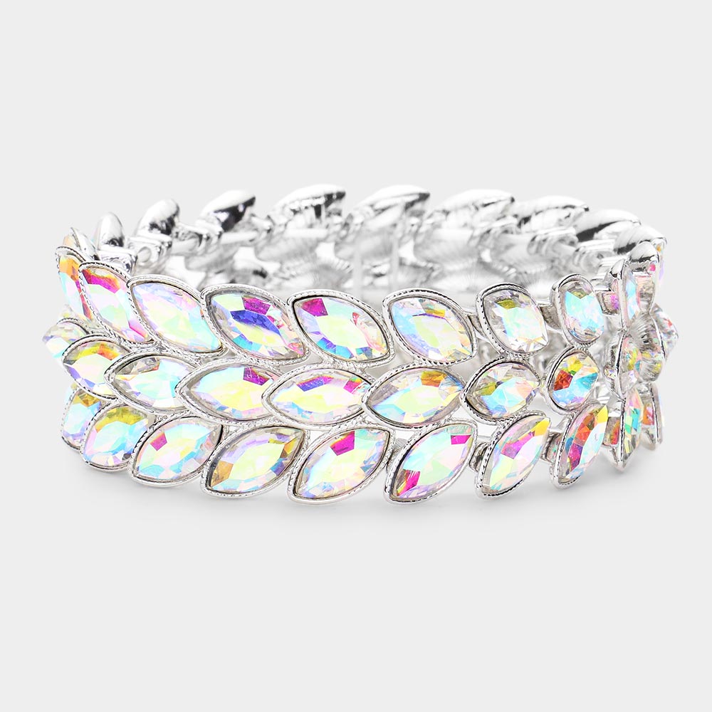 Three Row AB Crystal Marquise Stone Cluster Stretch Pageant Bracelet  | Prom Bracelet | 506918