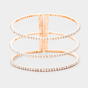 3 Row Split Layer Round Clear Crystal Cuff Bracelet on Rose Gold | 397419