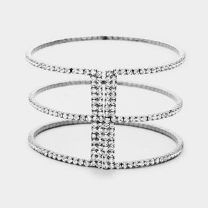 3 Row Split Layer Round Clear Crystal Cuff Bracelet on Hematite