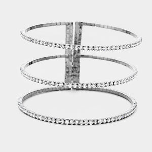 3 Row Split Layer Round Clear Crystal Cuff Bracelet on Hematite | 397420