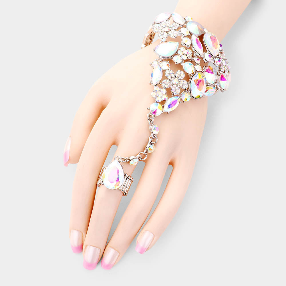 AB Teardrop Crystal Rhinestone Hand Chain /Ring Pageant Bracelet  | Prom Jewelry