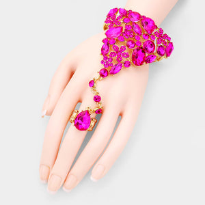 Fuchsia Teardrop Crystal Rhinestone Hand Chain /Ring Pageant Bracelet on Gold | Prom Jewelry