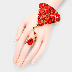 Red Teardrop Crystal Rhinestone Hand Chain /Ring Pageant Bracelet Gold | Prom Jewelry