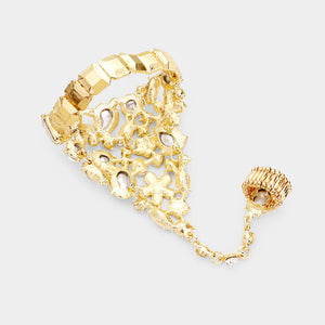AB Teardrop Crystal Rhinestone Hand Chain/Ring Pageant Bracelet on Gold | Prom Jewelry | 446838
