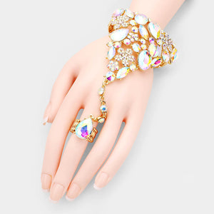 AB Teardrop Crystal Rhinestone Hand Chain /Ring Pageant Bracelet Gold | Prom Jewelry