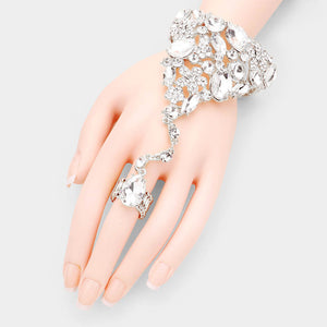 Clear Teardrop Crystal Rhinestone Hand Chain /Ring Pageant Bracelet | Prom Jewelry