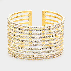 Clear Rhinestone Embellished Split Cuff Pageant Bracelet on Gold  | Prom Bracelet | 519364
